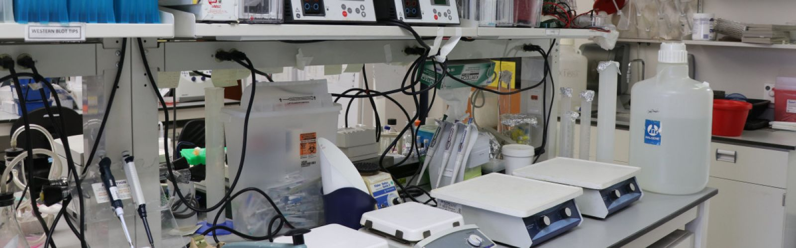 Close up of a lab bench with multiple instruments